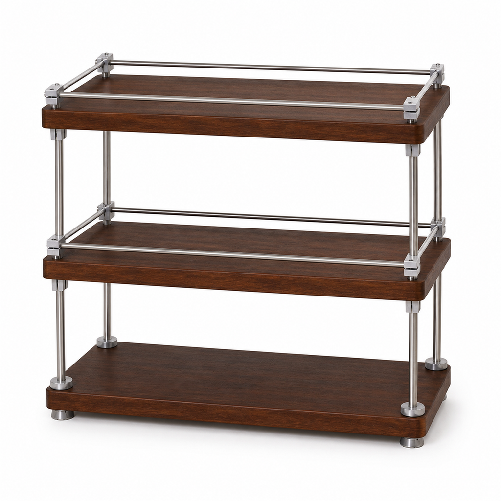 Solid pine adjustable three-tier countertop coffee organizer on pure white background