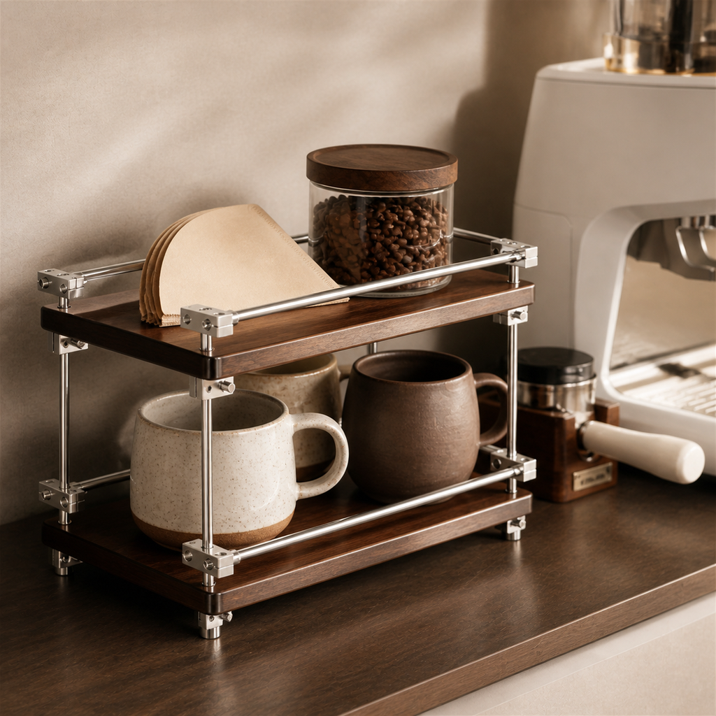 Two-tier solid pine countertop coffee organizer holding mugs and coffee accessories