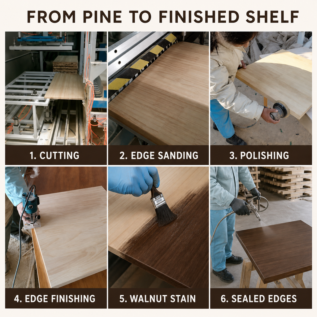Craftsmanship process for the Southeast Asian pine wall shelf