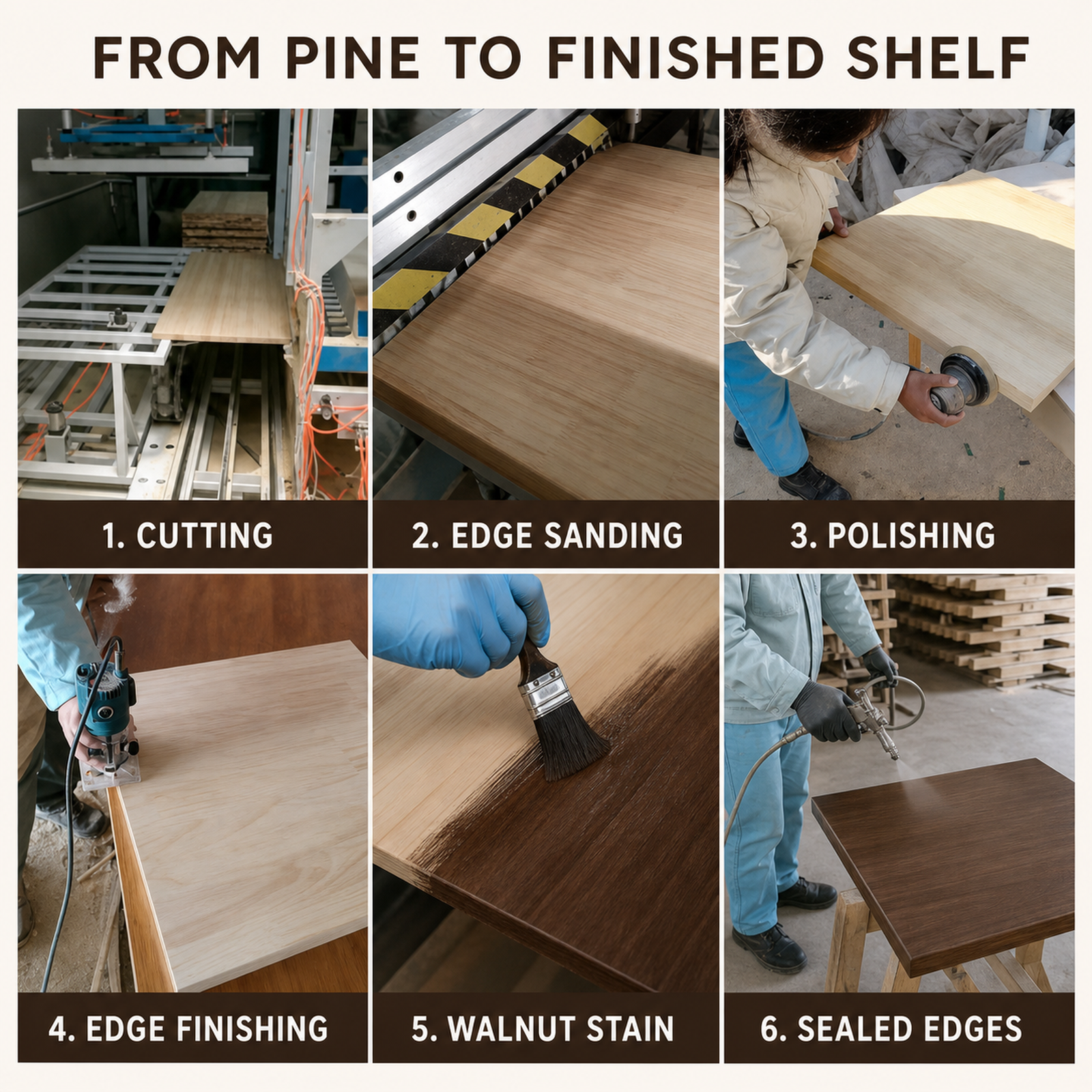 Craftsmanship process for the Southeast Asian pine wall shelf