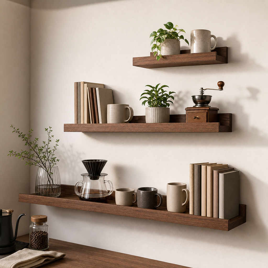 Wall-mounted coffee bar display shelves in a warm interior
