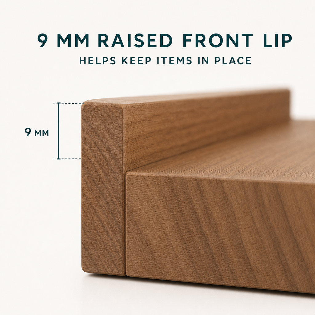 9 mm raised front lip helps keep displayed items in place
