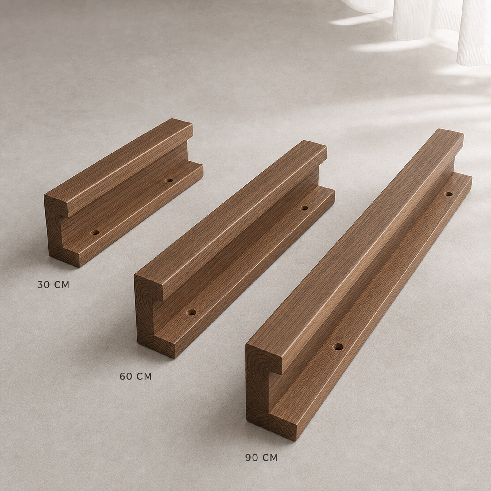 30 cm, 60 cm and 90 cm wall shelf size comparison