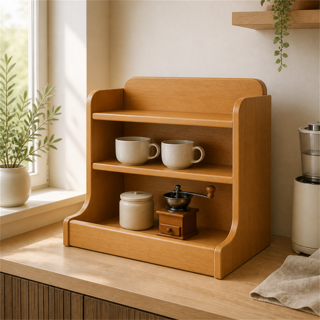 Cherry finish raised-edge three-tier solid wood coffee organizer in a bright coffee corner