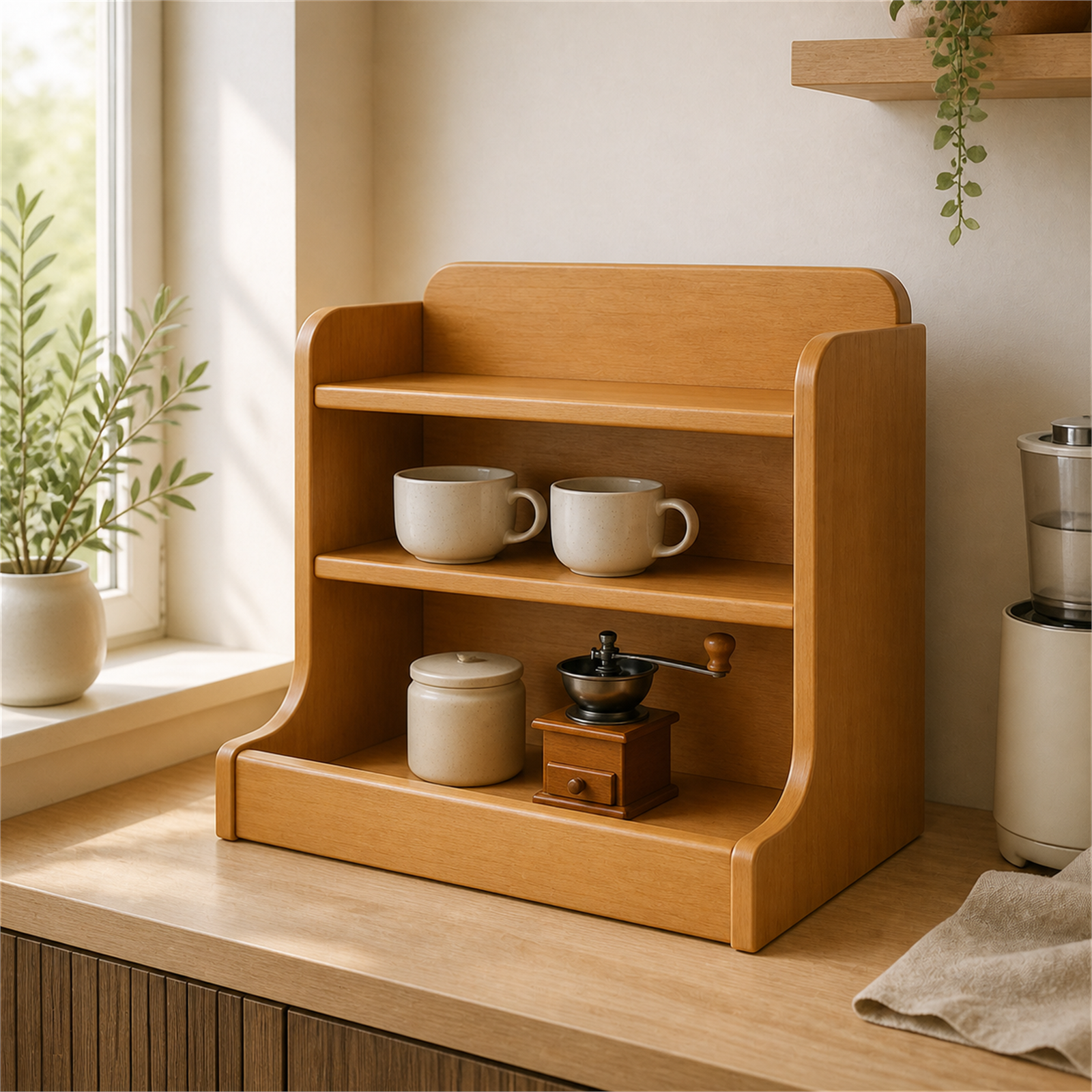 Cherry finish raised-edge three-tier solid wood coffee organizer in a bright coffee corner