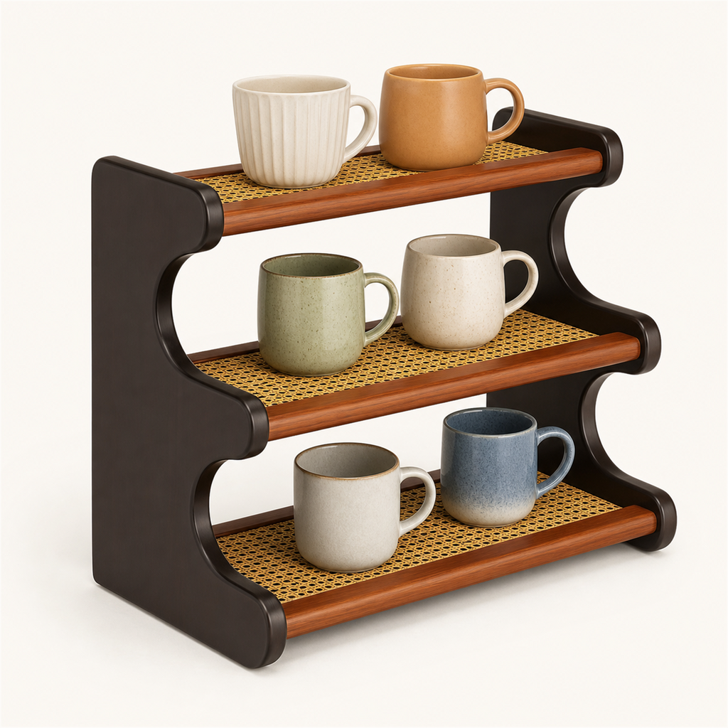 Rattan-lined solid wood three-tier countertop coffee mug organizer