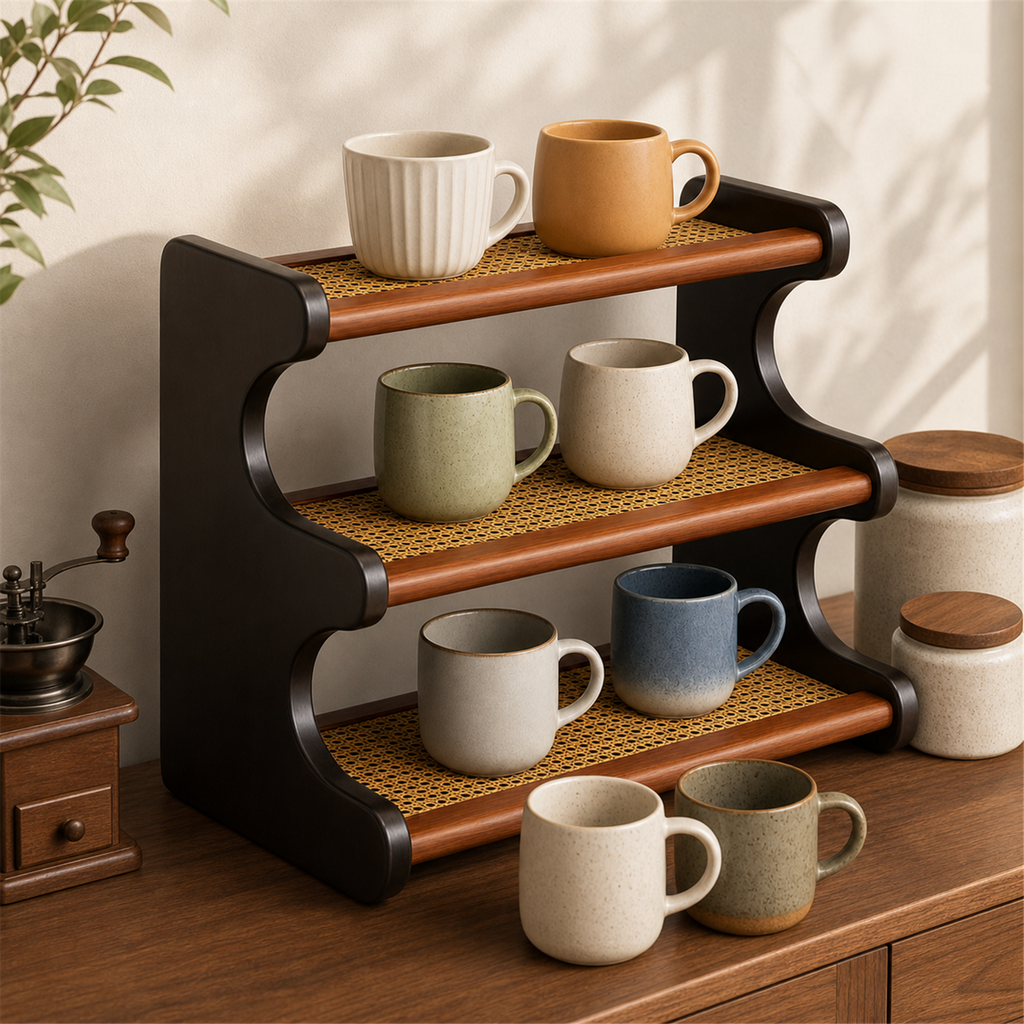 Three-tier coffee mug organizer styled in a warm coffee corner