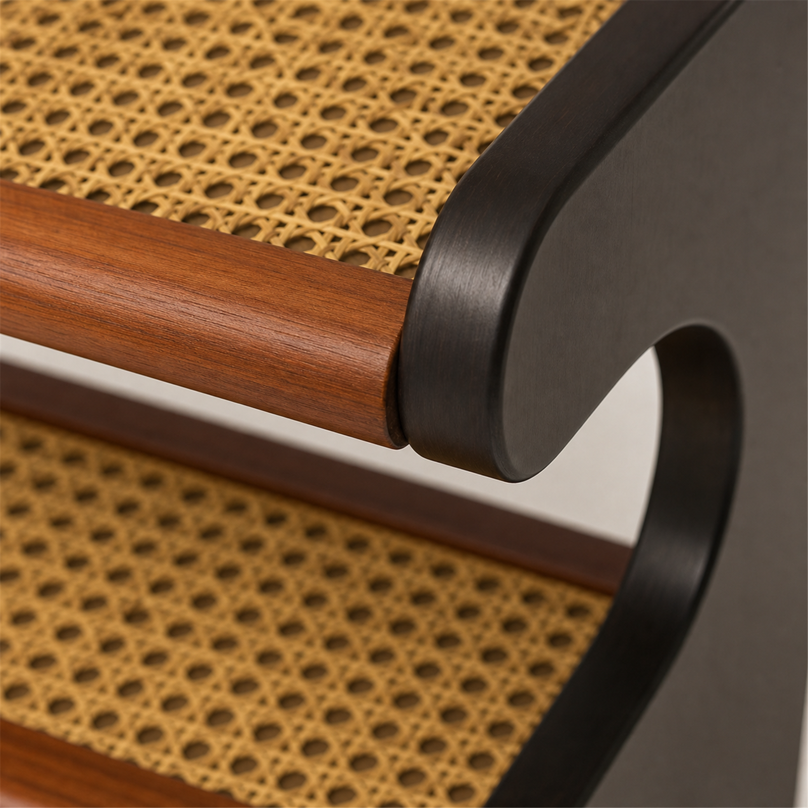 Close-up of solid wood rail and woven rattan-look shelf liner