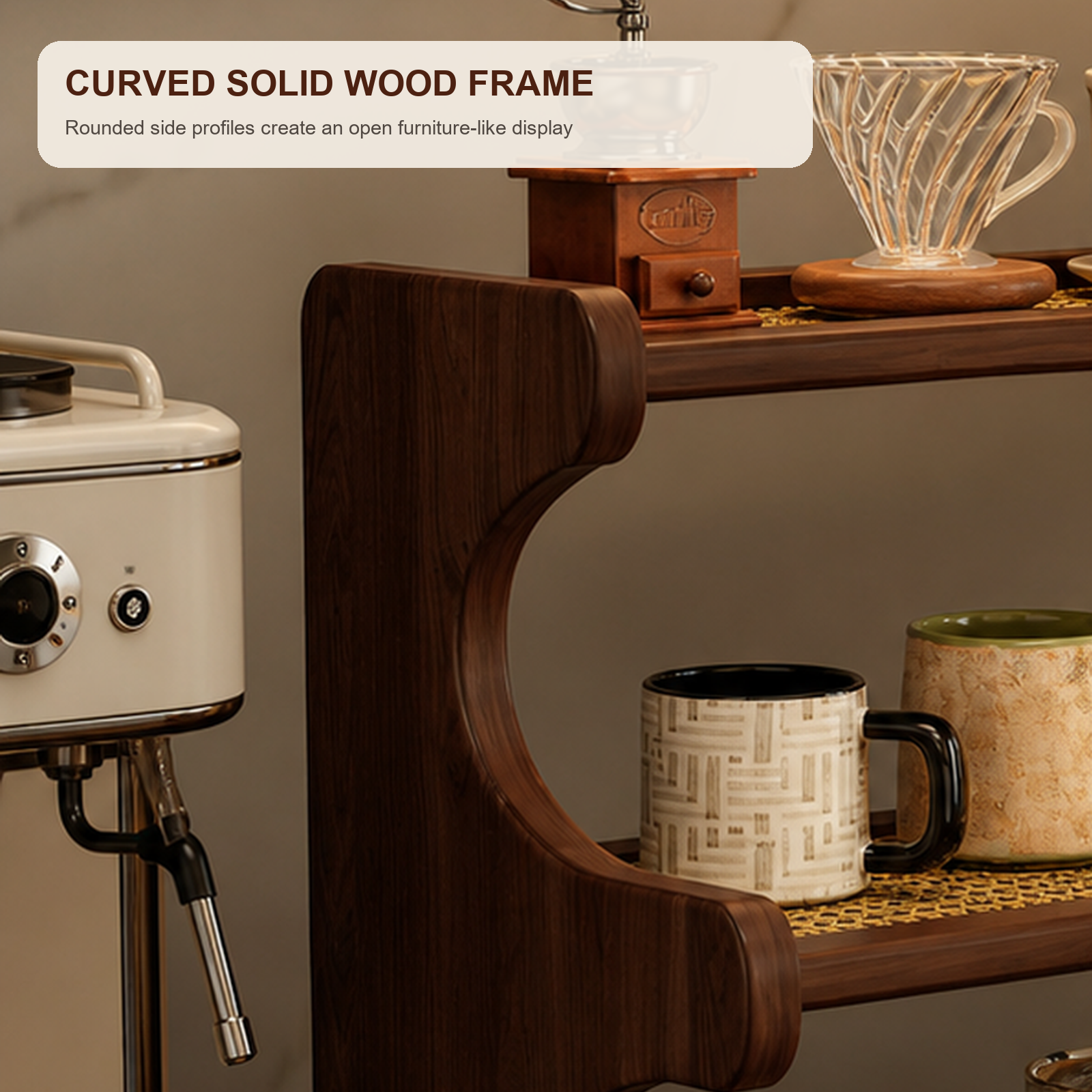 Close view of curved solid wood frame in Black Walnut finish