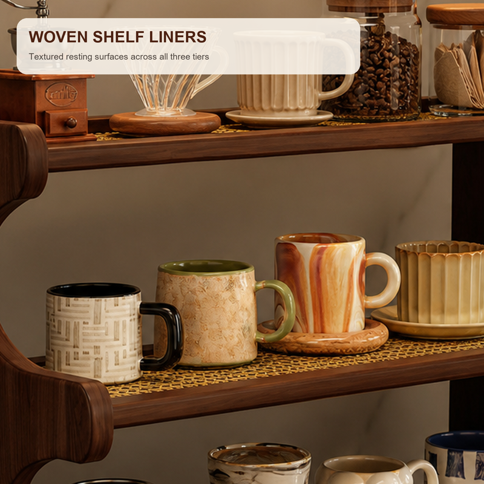 Close view of woven rattan-look liners on Black Walnut finish mug organizer