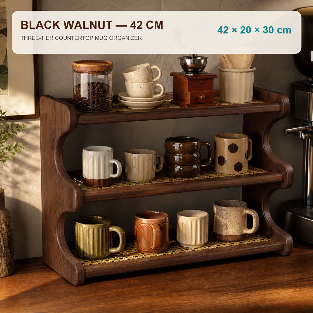 Black Walnut finish mug organizer dimensions 42 by 20 by 30 cm
