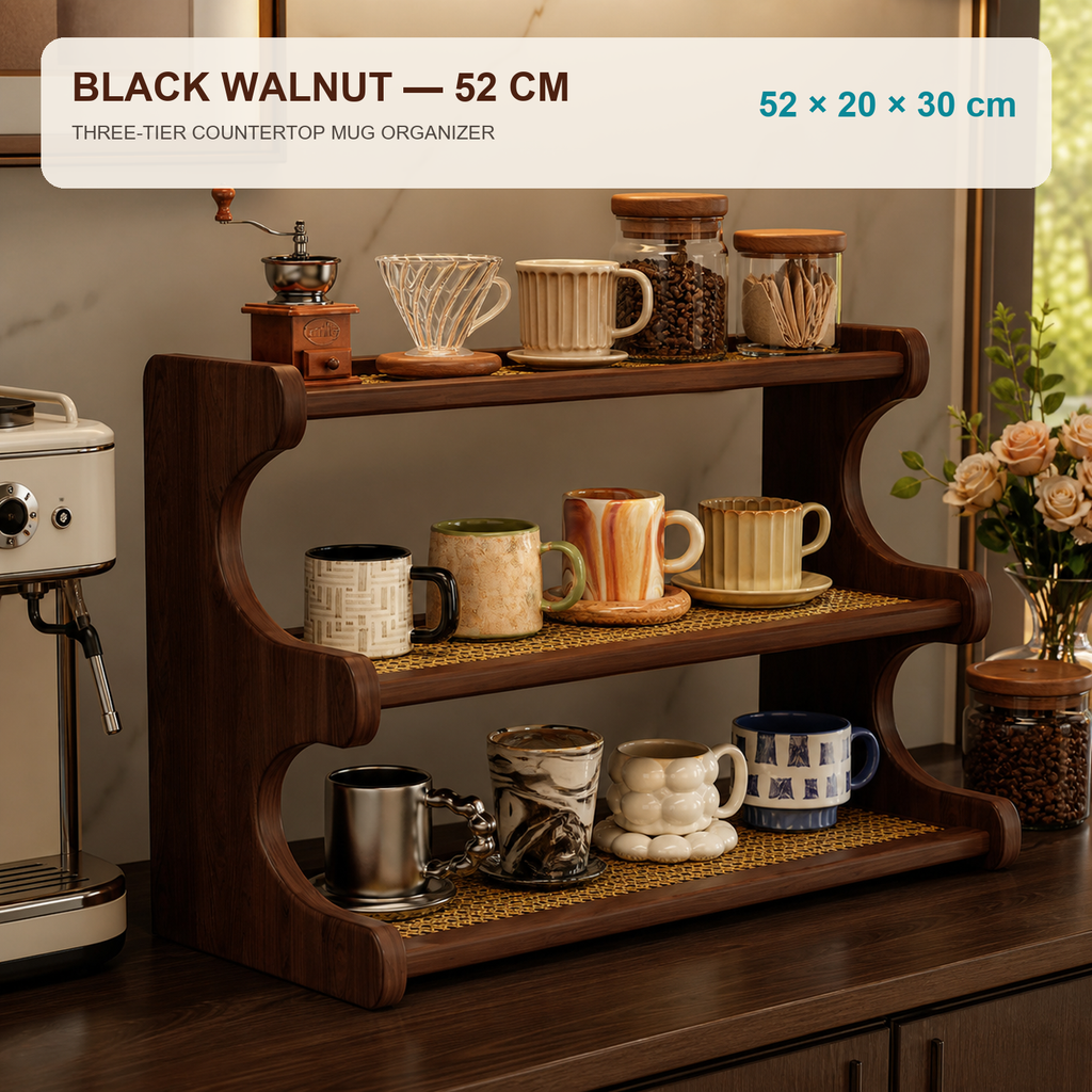Black Walnut finish mug organizer dimensions 52 by 20 by 30 cm