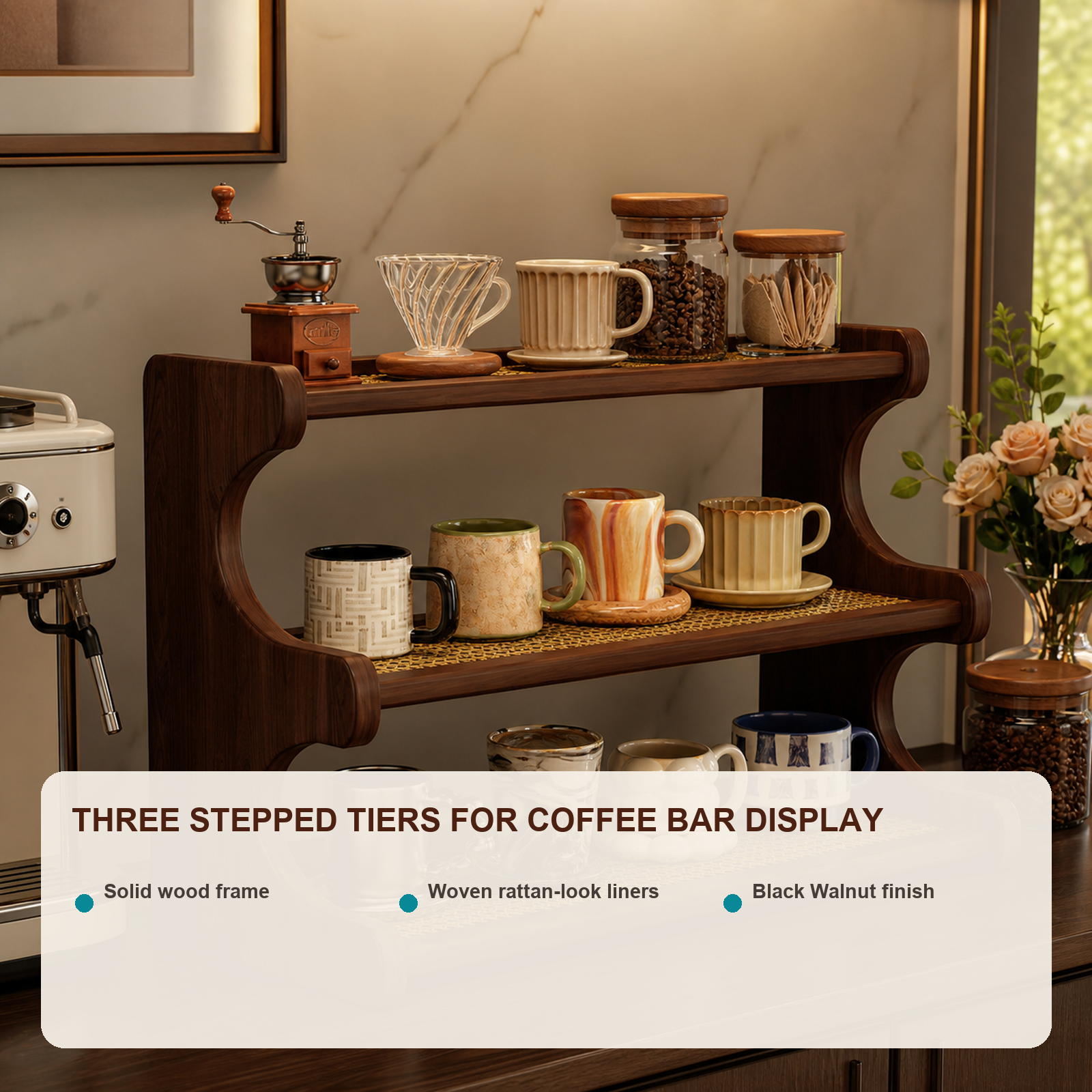 Black Walnut finish three-tier coffee mug organizer features