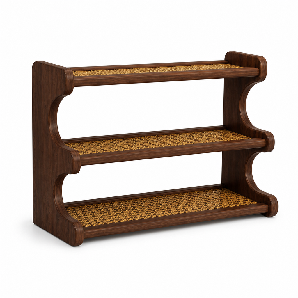 Black Walnut finish rattan-lined three-tier countertop mug organizer on white