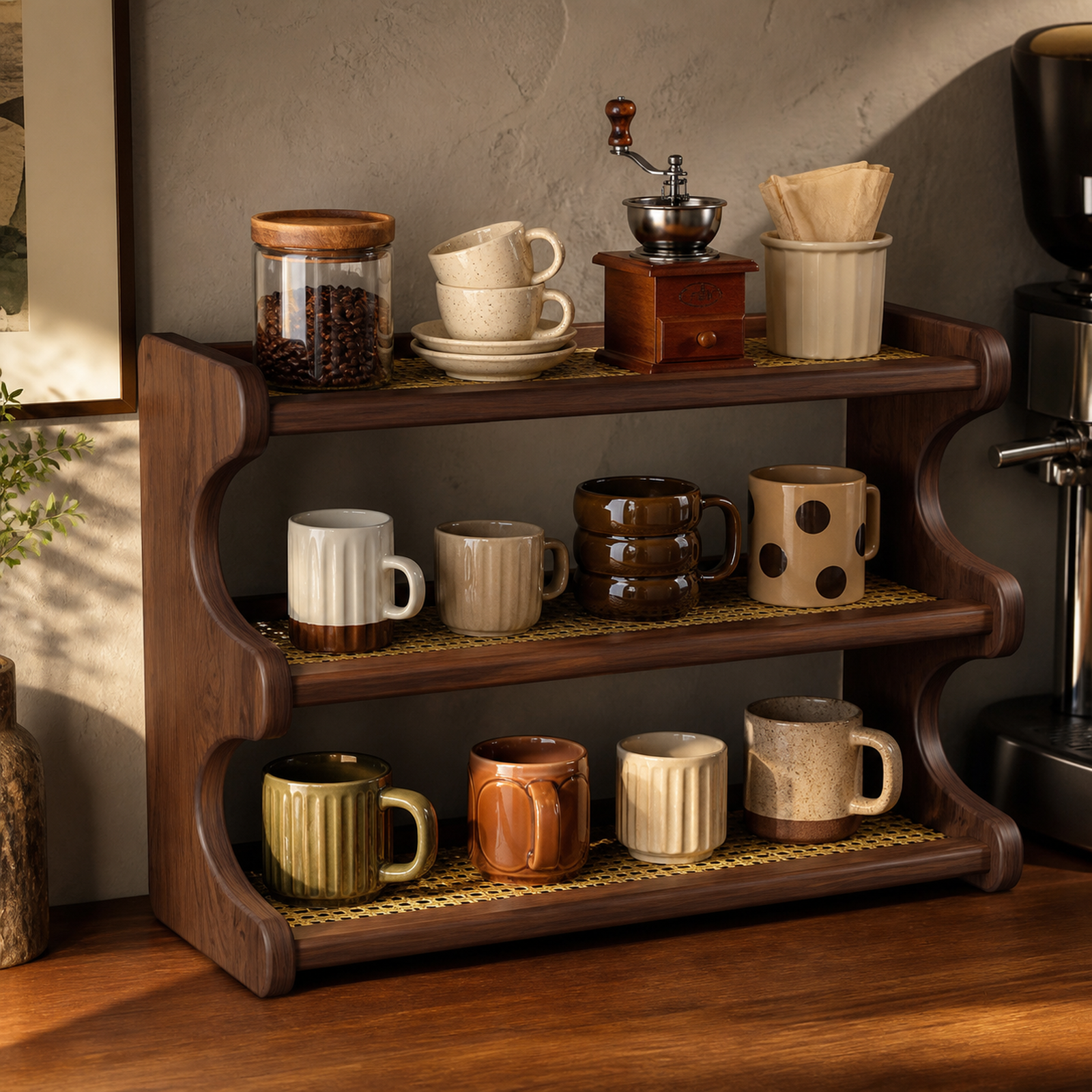 42 cm Black Walnut finish countertop mug organizer in a coffee bar