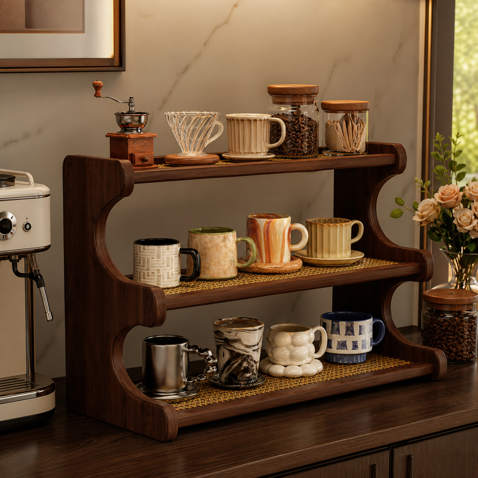 52 cm Black Walnut finish countertop mug organizer in a warm coffee corner