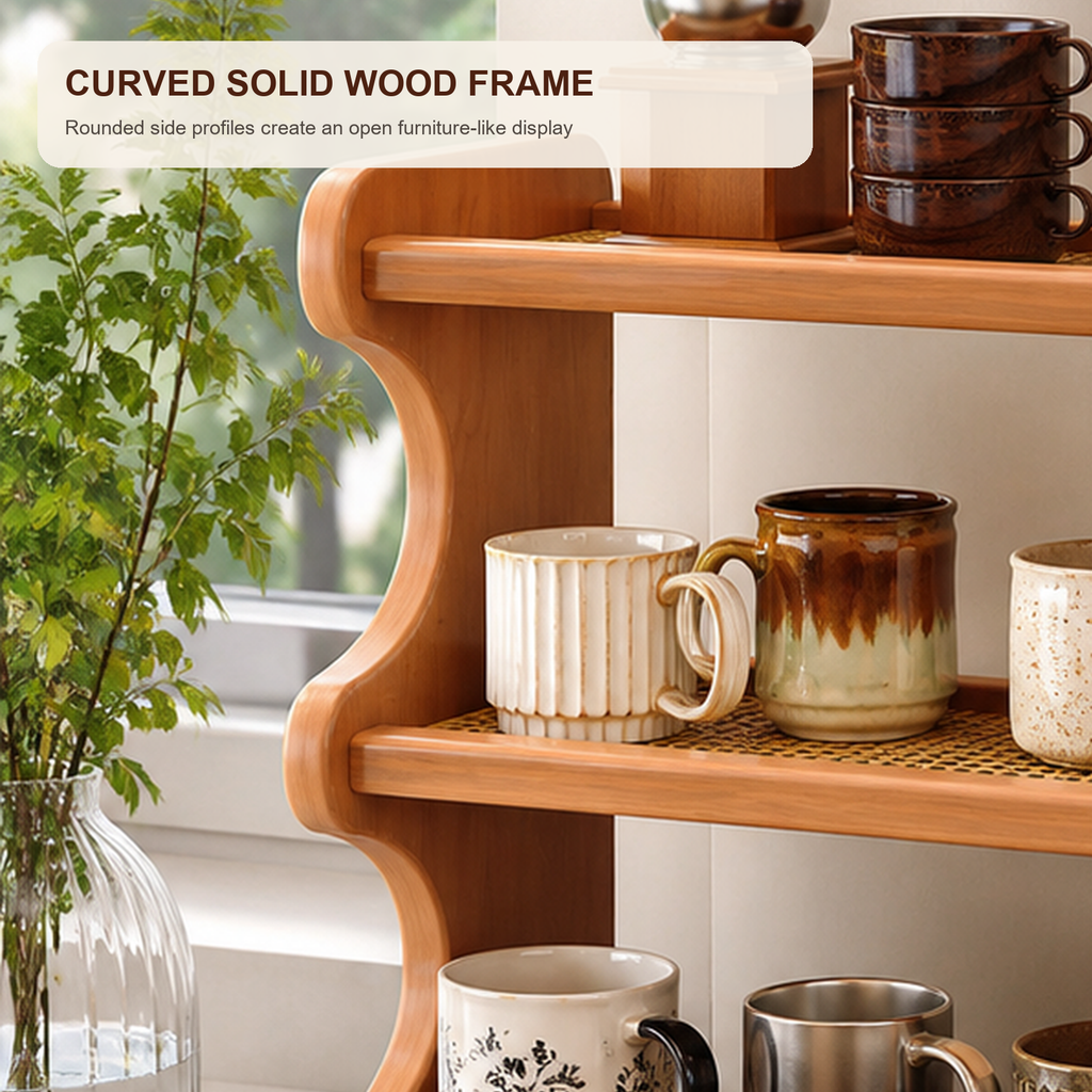 Close view of curved solid wood frame in Cherry finish
