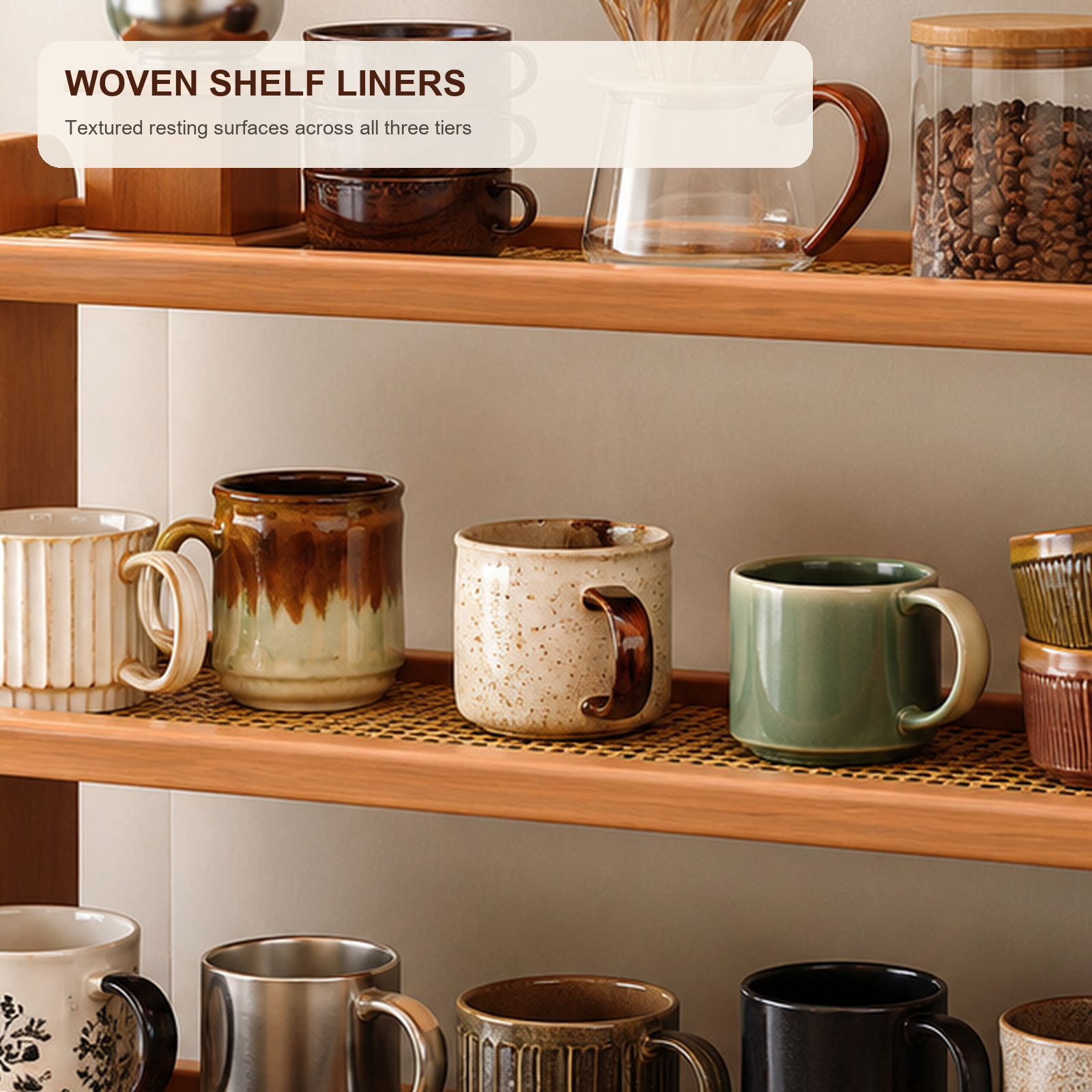 Close view of woven rattan-look liners on Cherry finish mug organizer