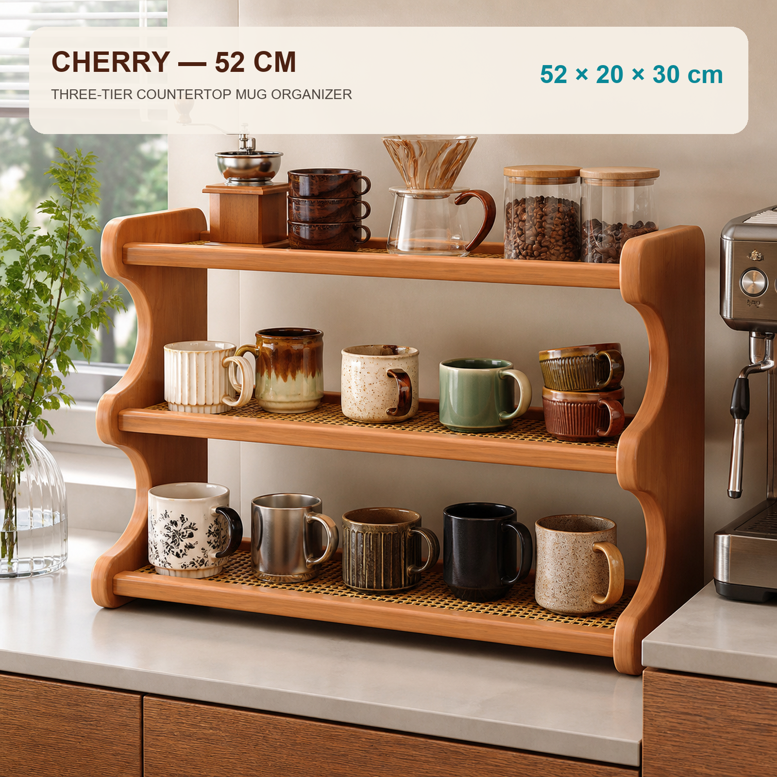 Cherry finish mug organizer dimensions 52 by 20 by 30 cm