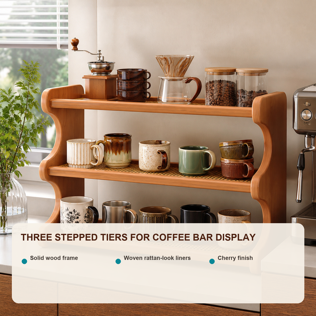 Cherry finish three-tier coffee mug organizer features