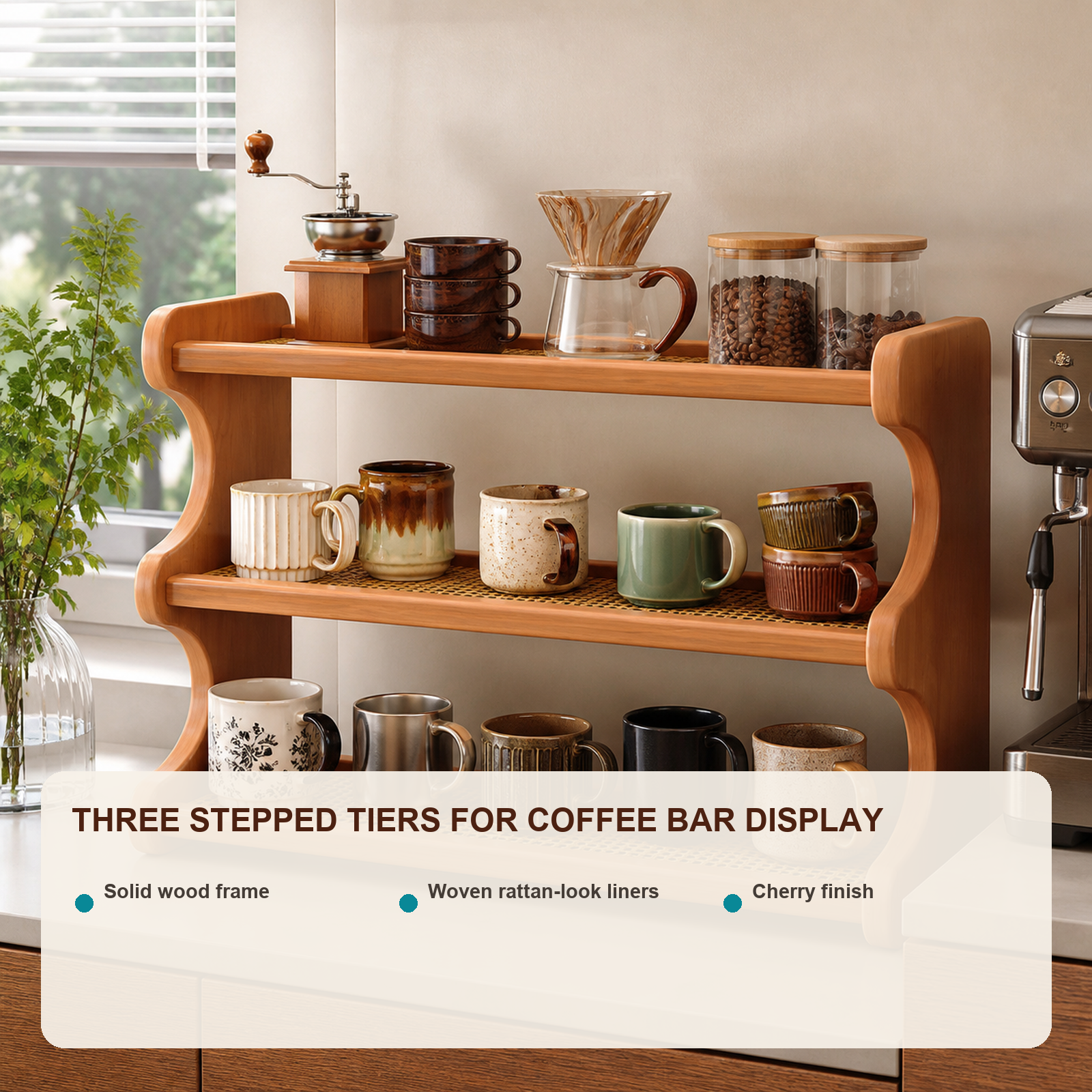 Cherry finish three-tier coffee mug organizer features