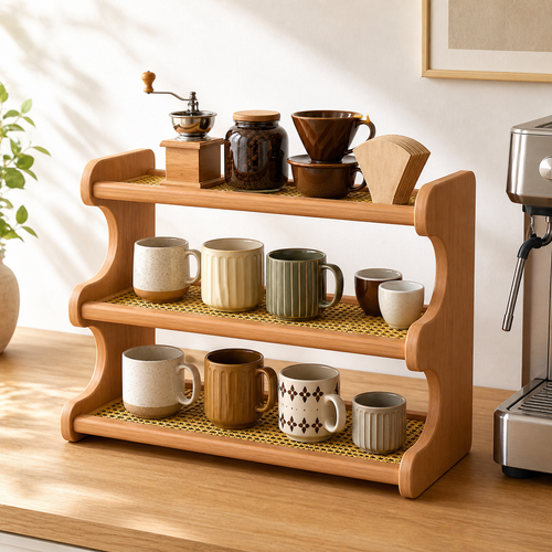 42 cm Cherry finish countertop mug organizer in a coffee bar