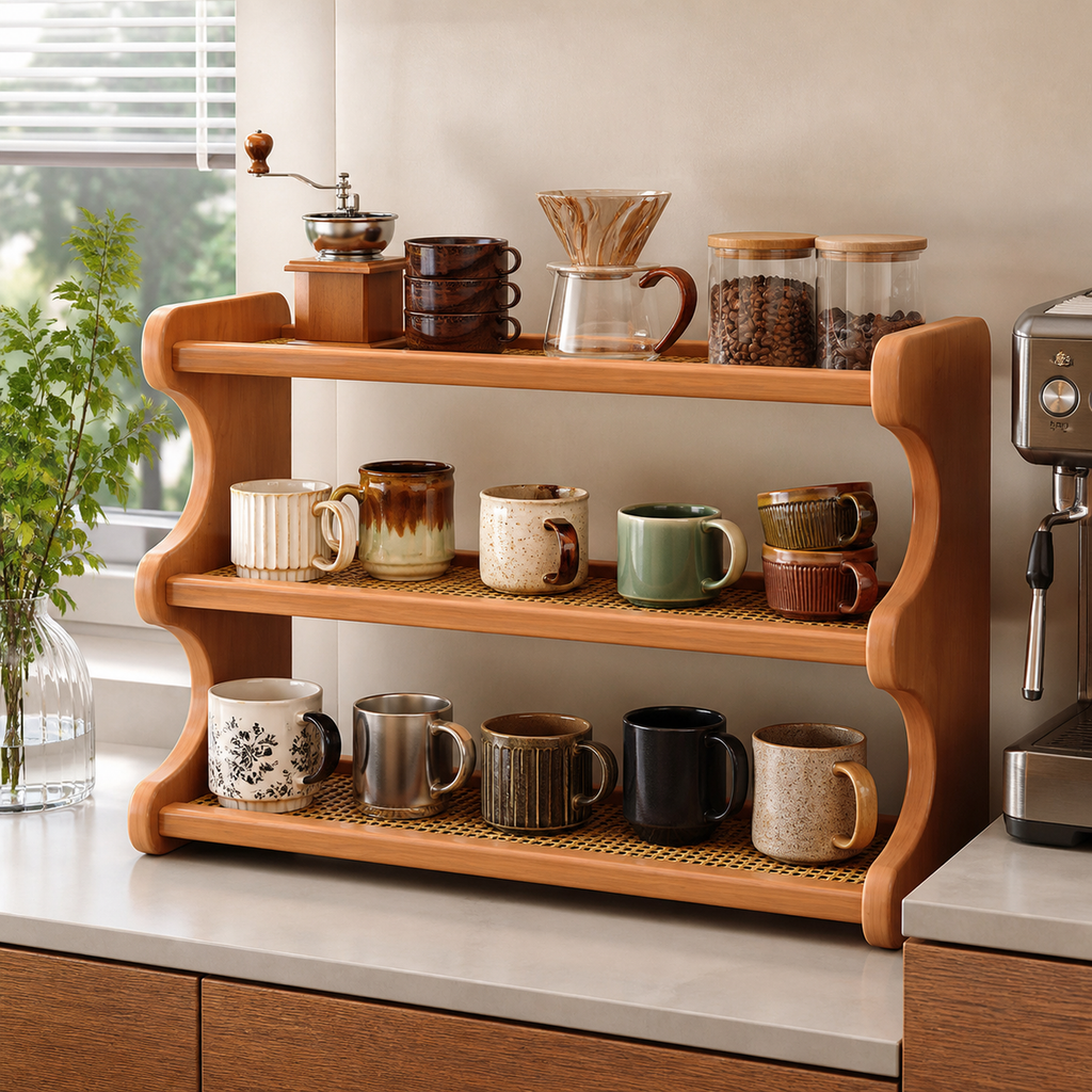 52 cm Cherry finish countertop mug organizer in a bright coffee corner