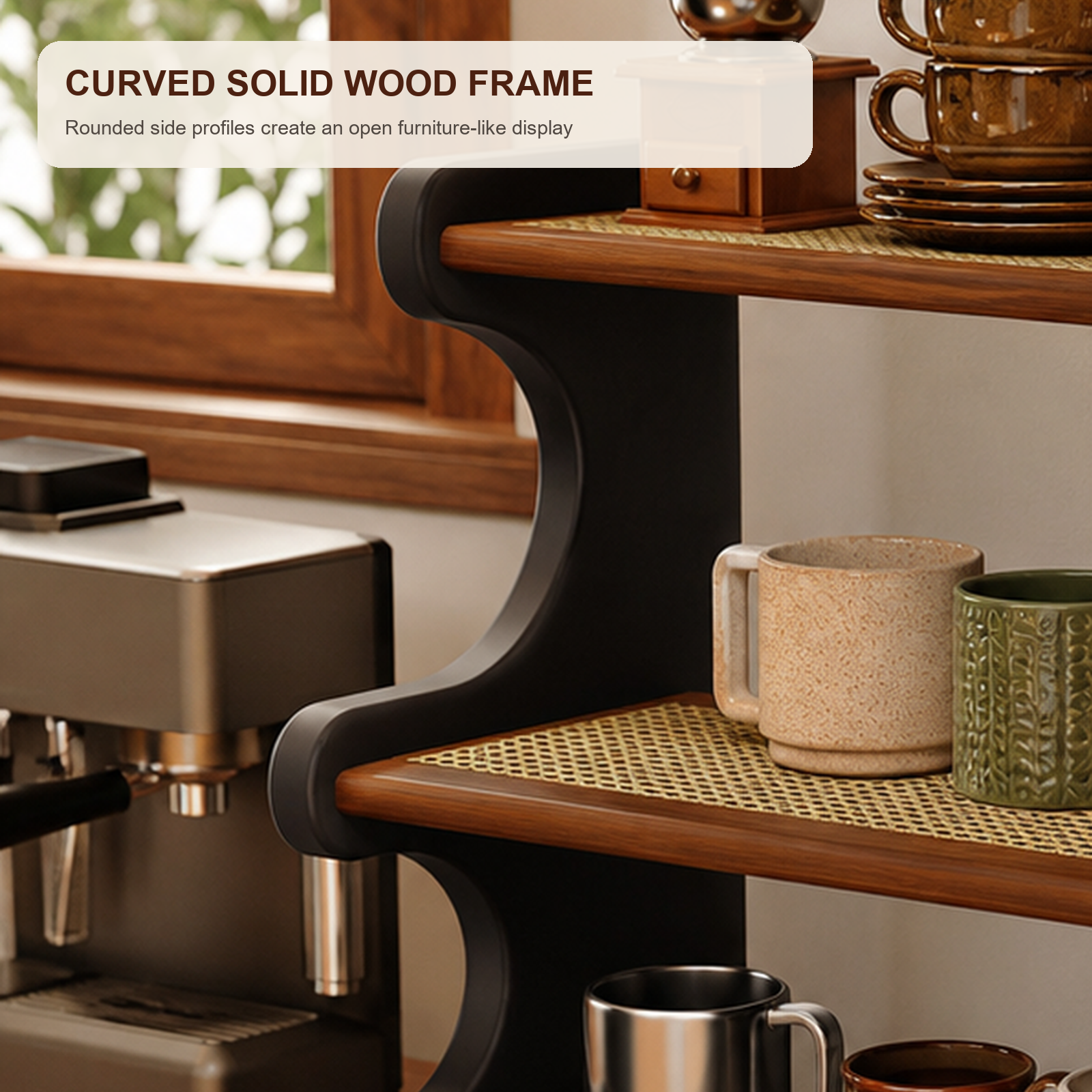 Close view of curved solid wood side frame on mug organizer