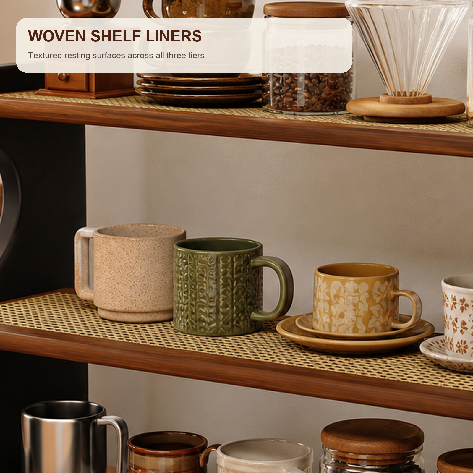 Close view of woven rattan-look liners on three-tier mug organizer
