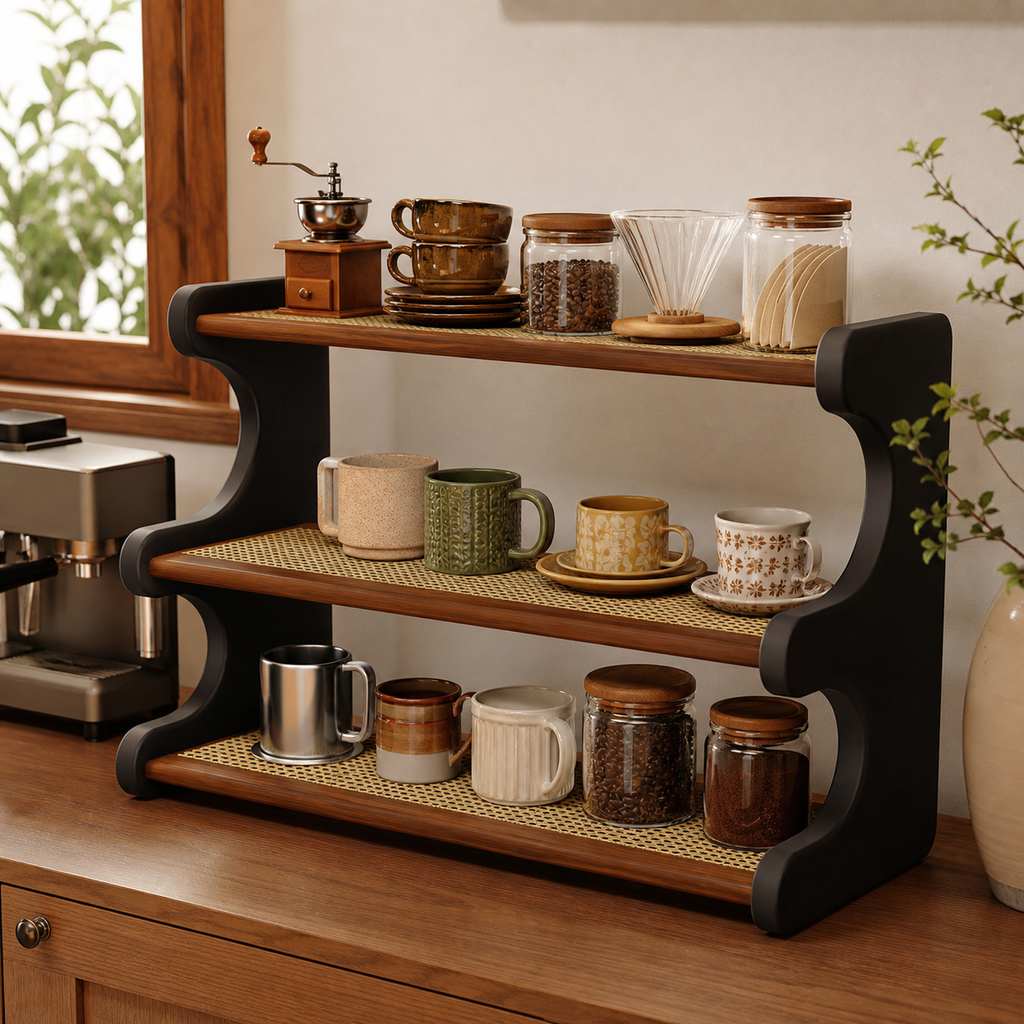 52 cm Vintage two-tone countertop mug organizer in a bright coffee corner
