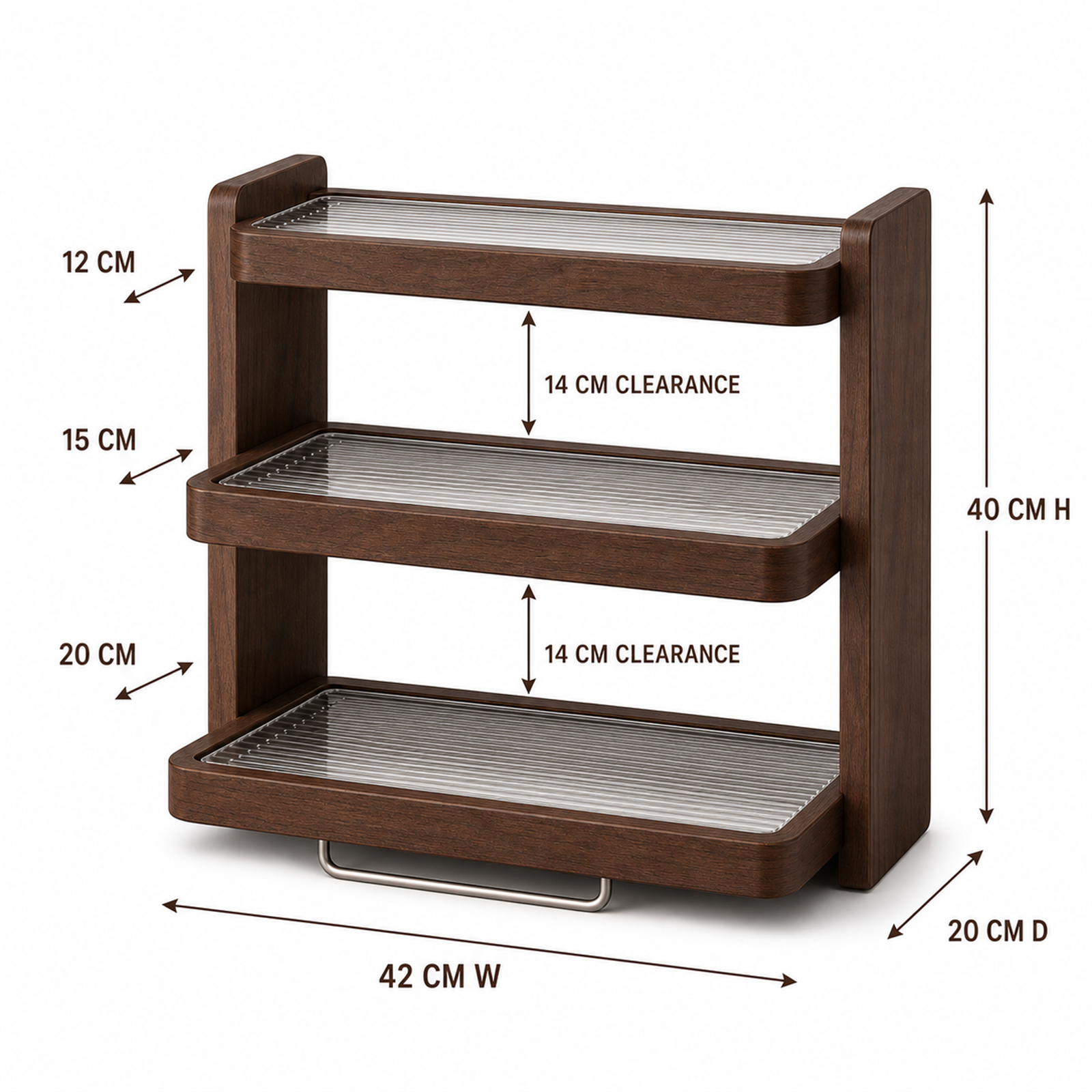 42 cm rubberwood and ribbed acrylic three-tier mug rack dimensions