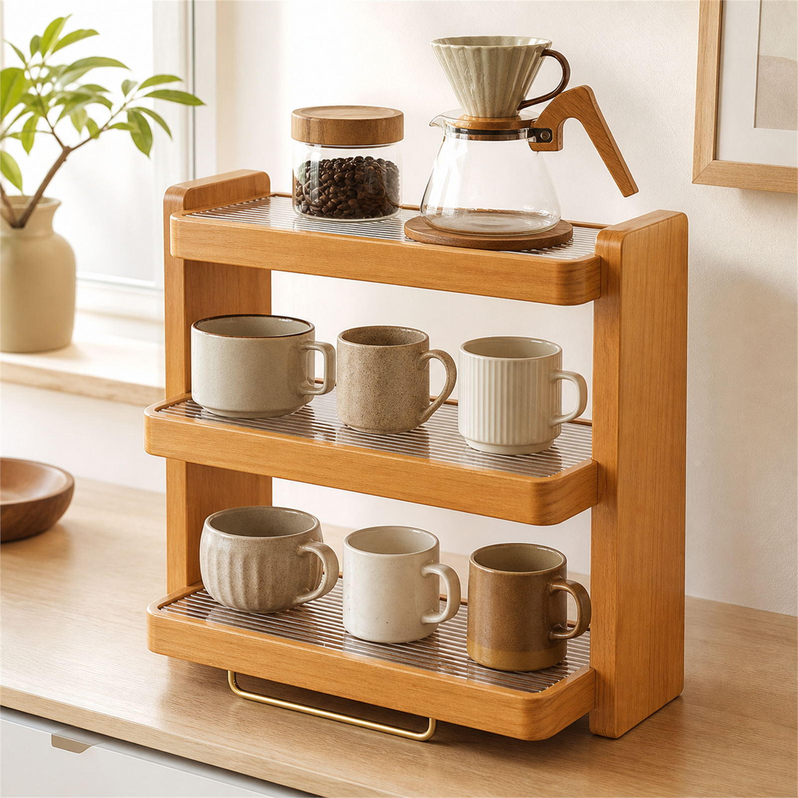 Cherry finish rubberwood and ribbed acrylic three-tier mug rack in a bright coffee corner