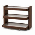 Black walnut finish rubberwood and ribbed acrylic three-tier coffee mug rack on white