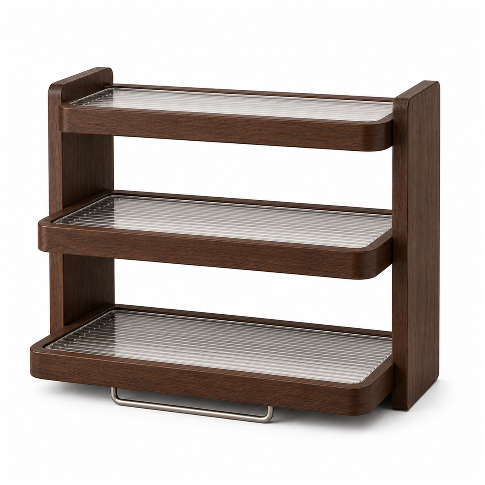 Black walnut finish rubberwood and ribbed acrylic three-tier coffee mug rack on white