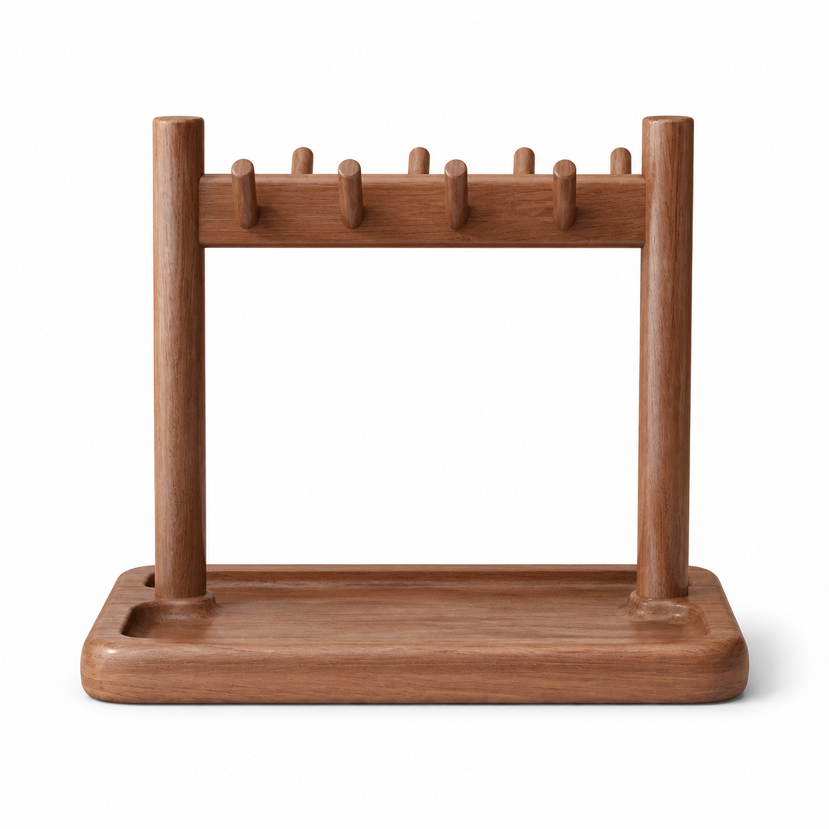 Solid rubberwood countertop coffee organizer shelf with eight pegs on white background