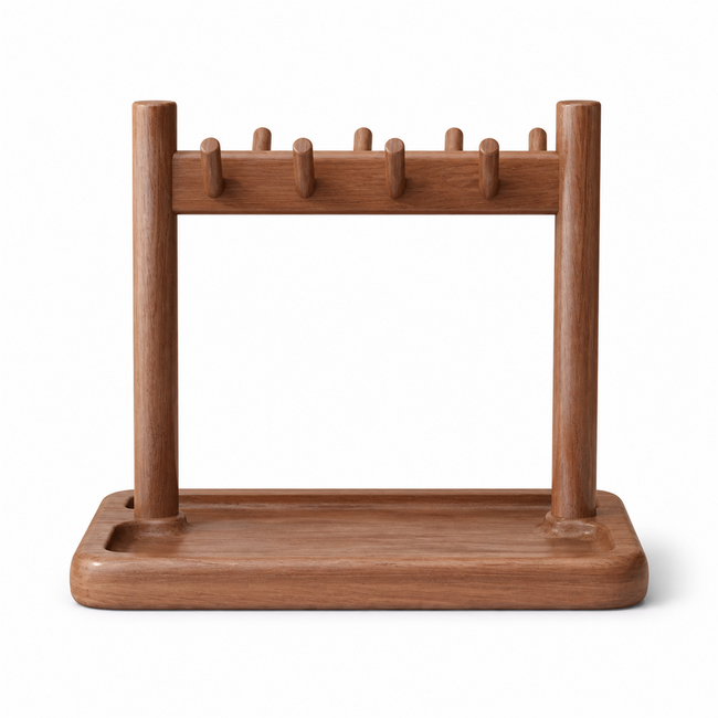 Solid rubberwood countertop coffee organizer shelf with eight pegs on white background