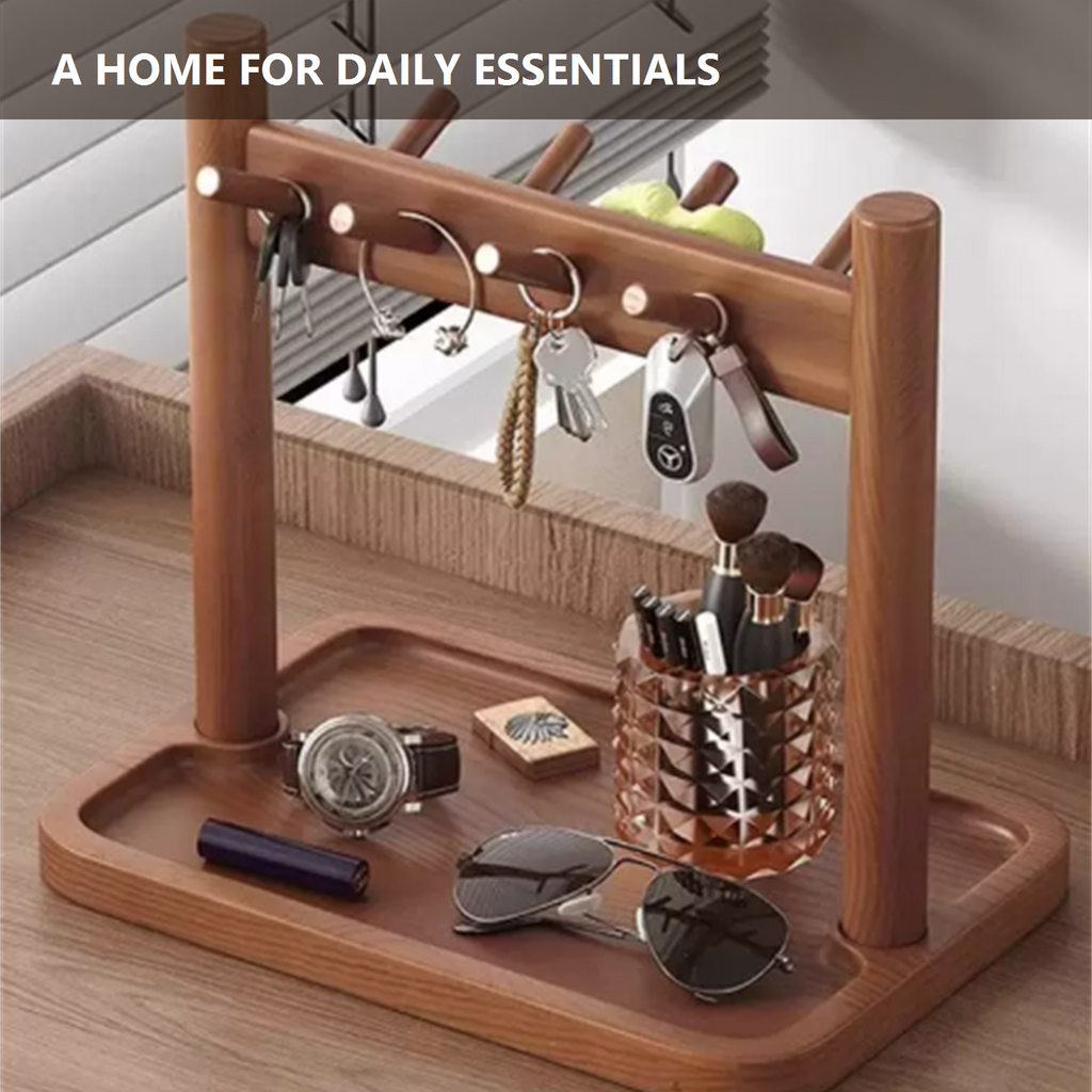 Rubberwood countertop organizer holding keys and small accessories by a window
