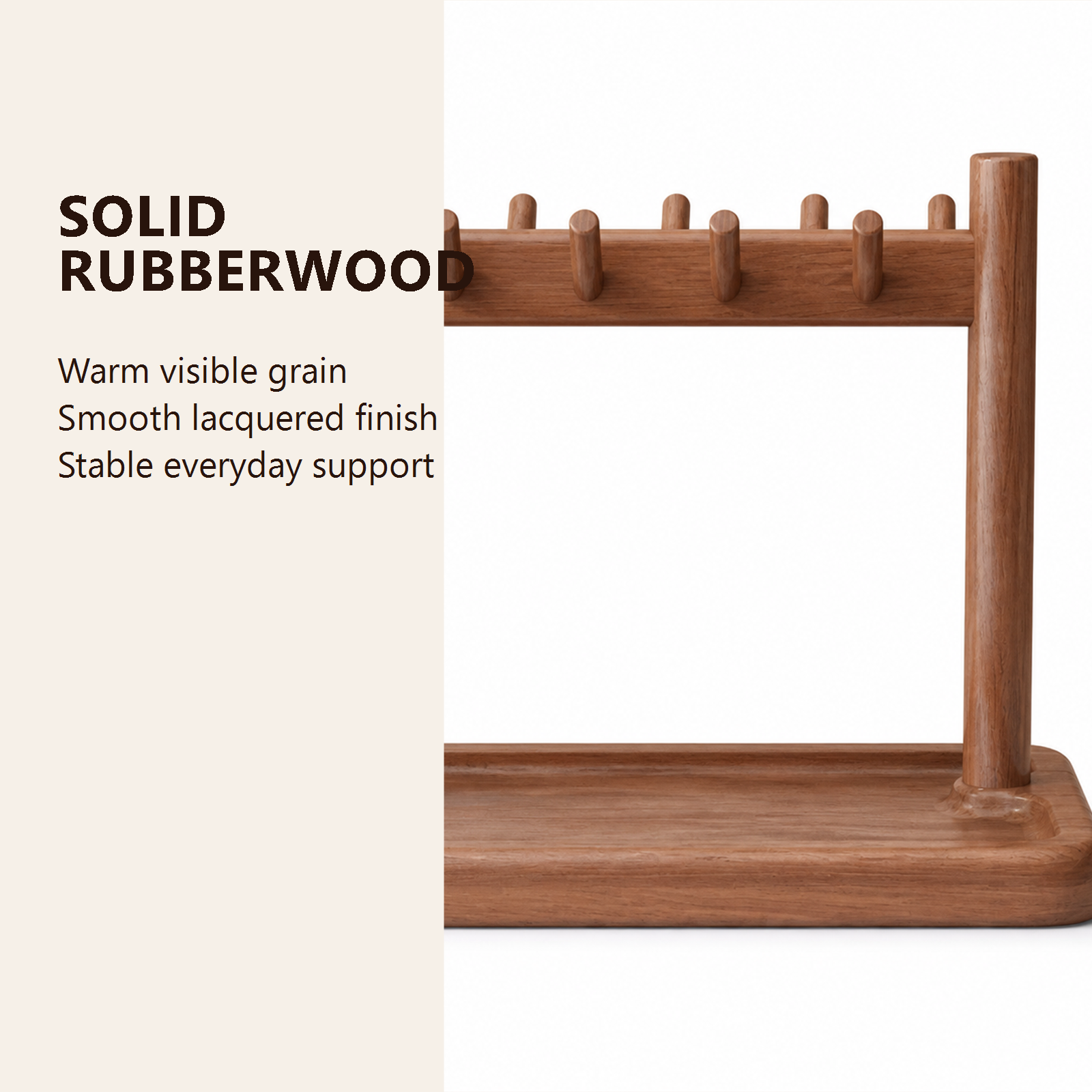 Solid rubberwood grain and lacquered finish detail