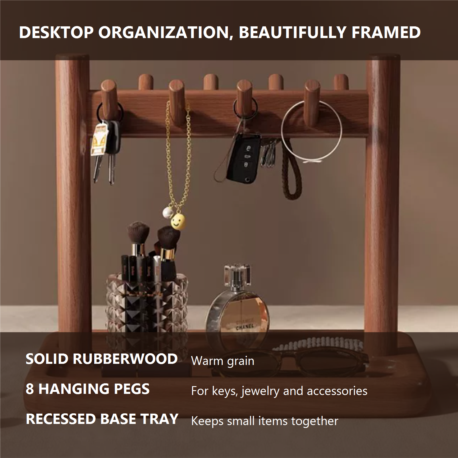 Solid rubberwood organizer feature overview with eight pegs and base tray