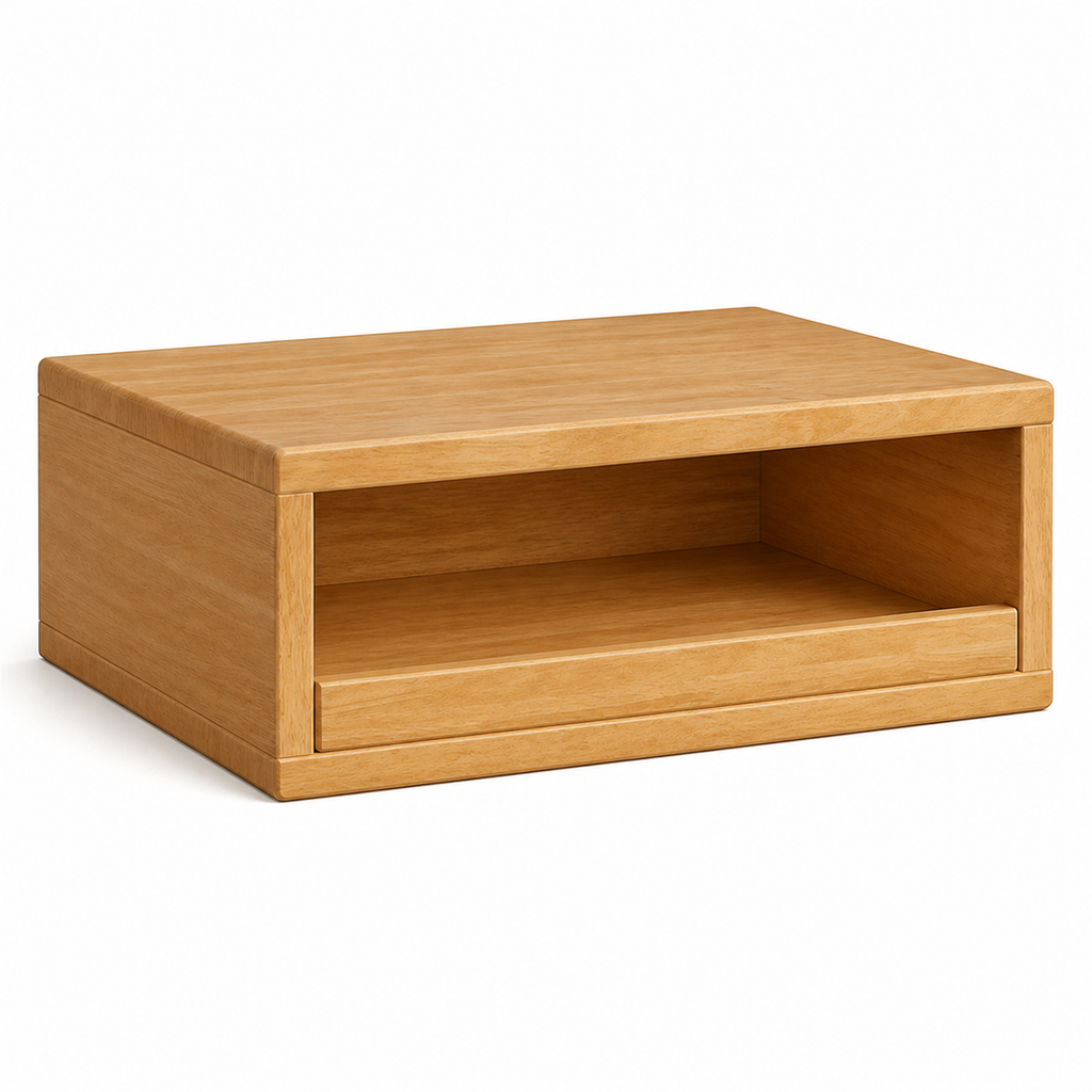 Solid rubberwood countertop coffee machine stand in natural wood finish on pure white
