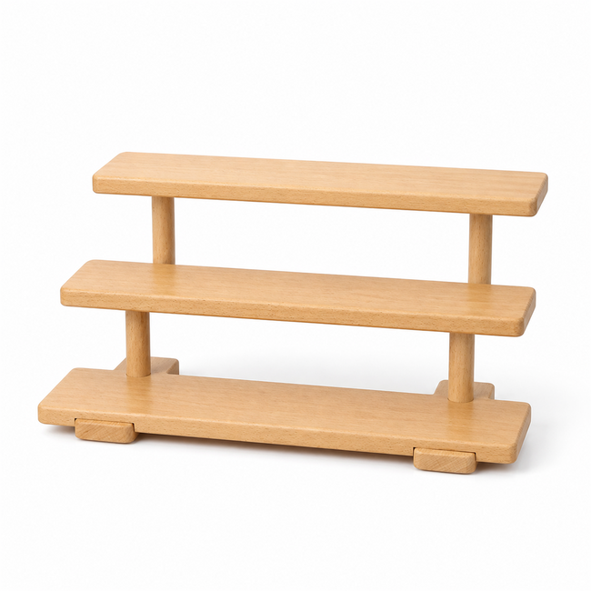 Natural rubberwood three-tier countertop coffee organizer shelf on white background