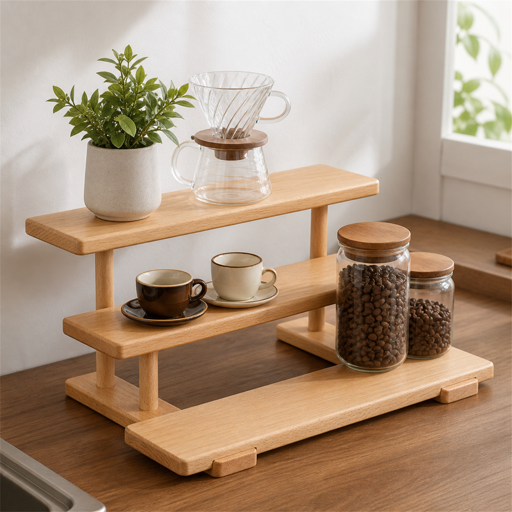 Natural rubberwood three-tier coffee display shelf in a bright coffee bar