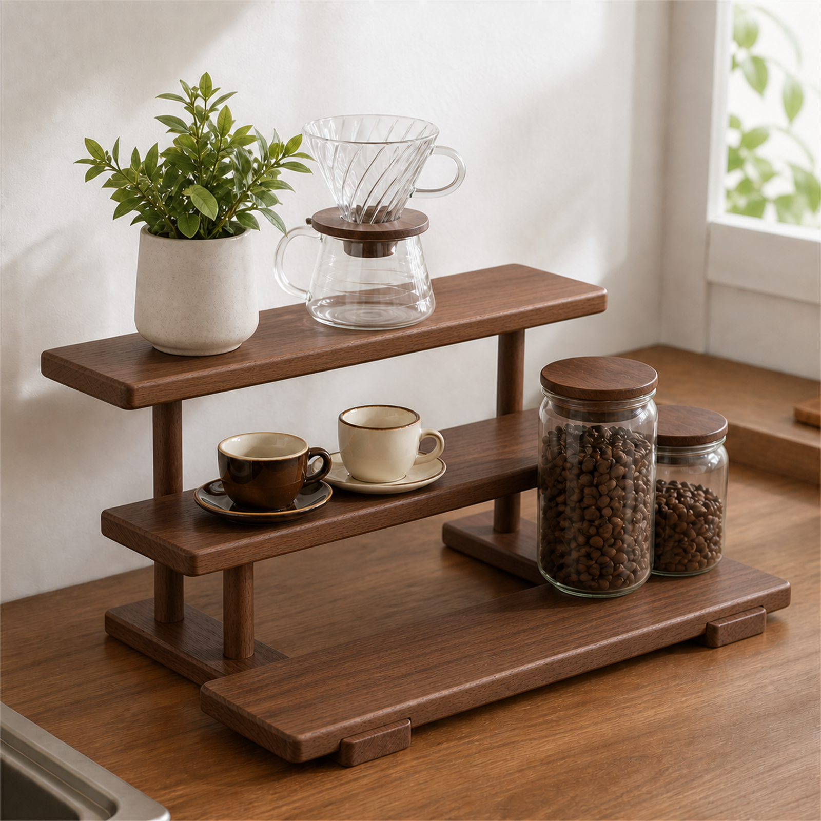Walnut finish three-tier coffee display shelf with cups and bean jars