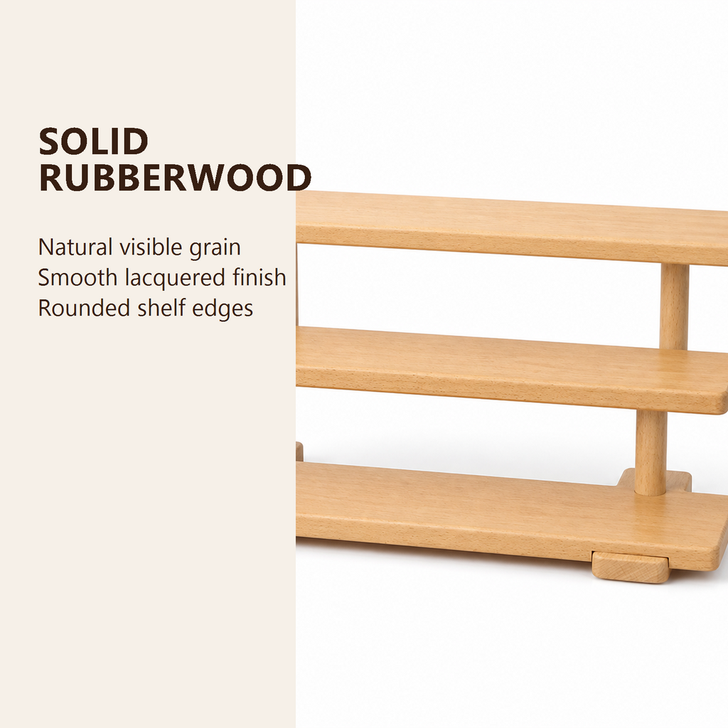 Solid rubberwood grain, lacquered finish and rounded shelf edge detail