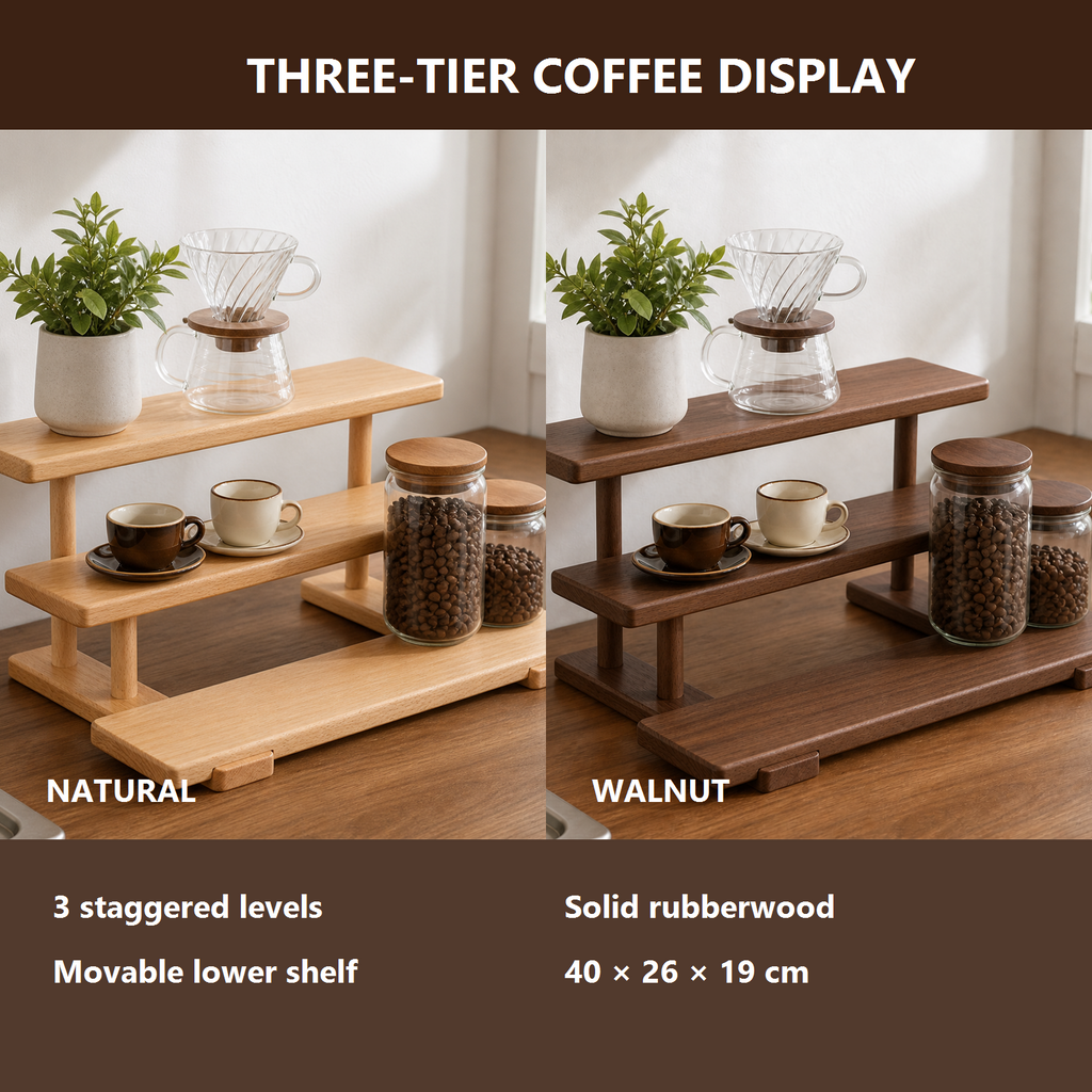 Three-tier coffee organizer shelf features in Natural and Walnut finishes