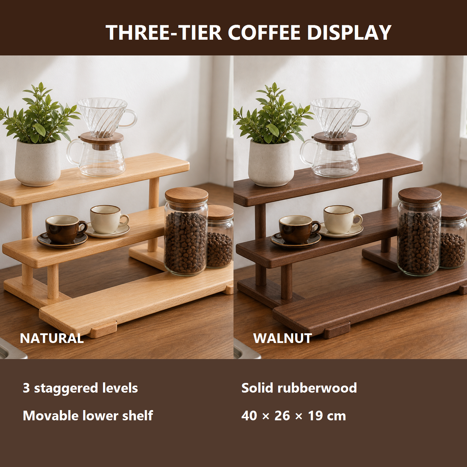 Three-tier coffee organizer shelf features in Natural and Walnut finishes