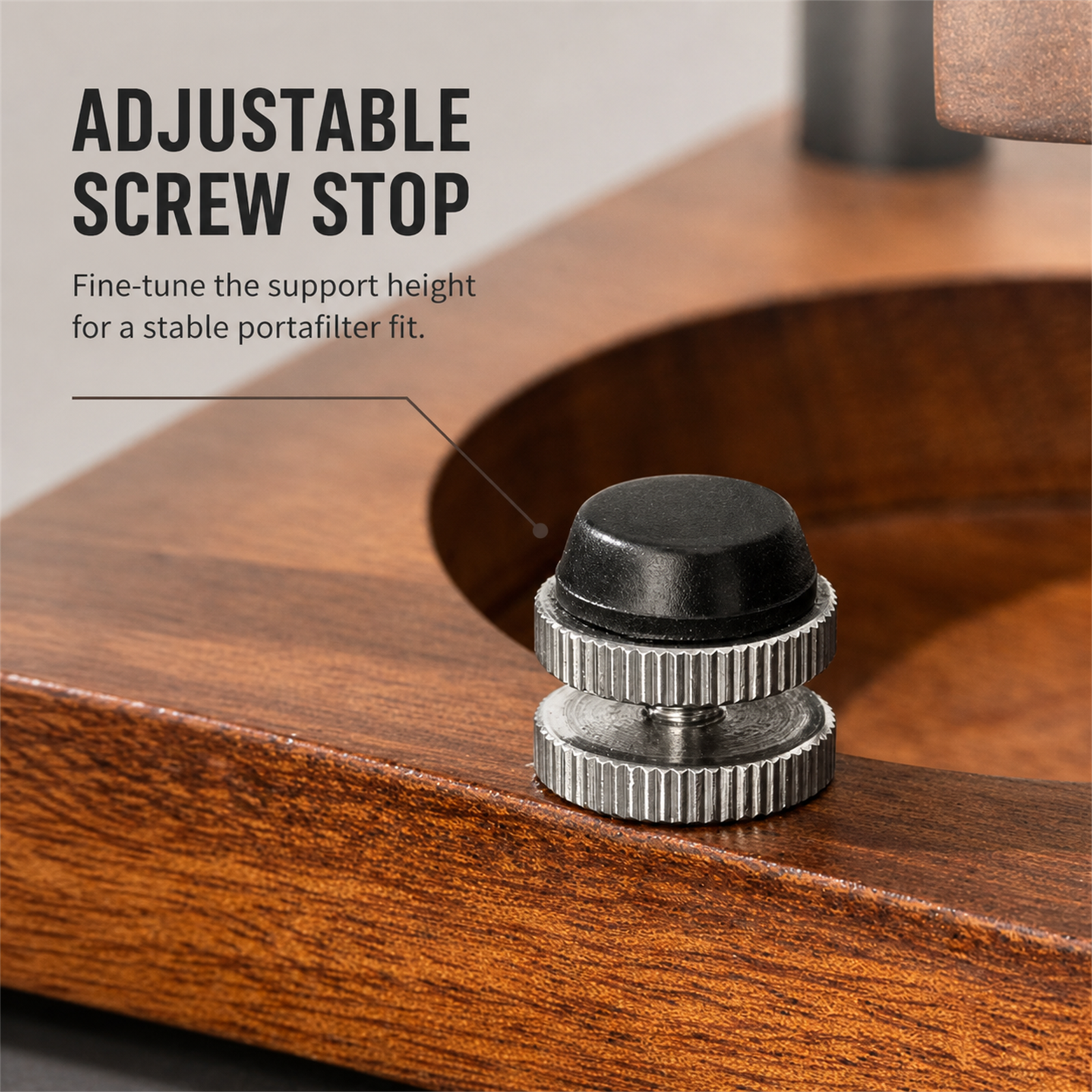 Adjustable screw stop detail on solid sapele portafilter organizer