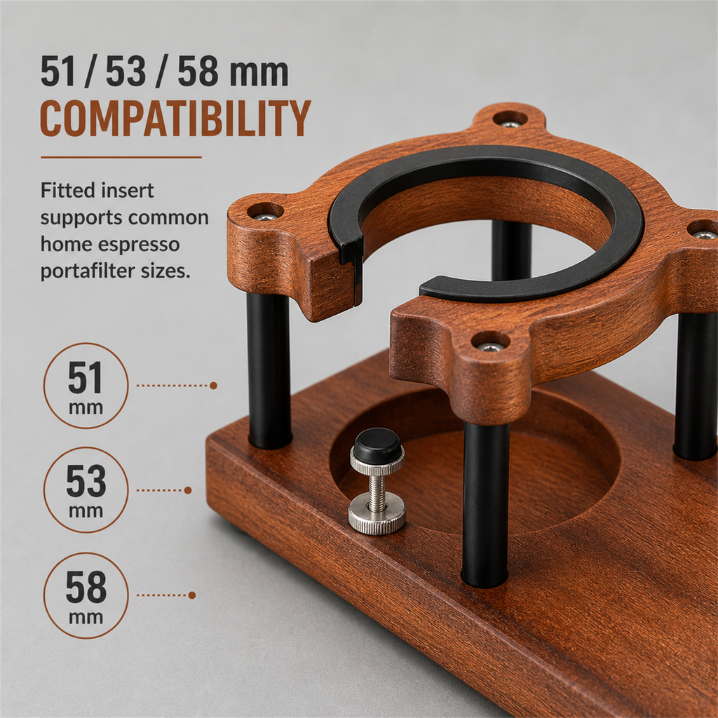 Sapele portafilter support compatible with 51 53 and 58 millimeter sizes