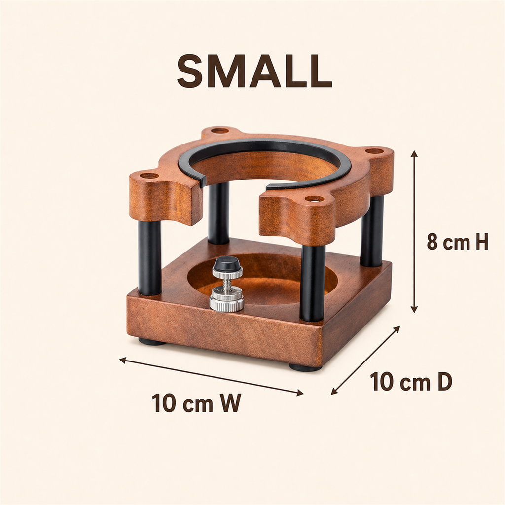 Small sapele portafilter organizer dimensions 10 by 10 by 8 centimeters