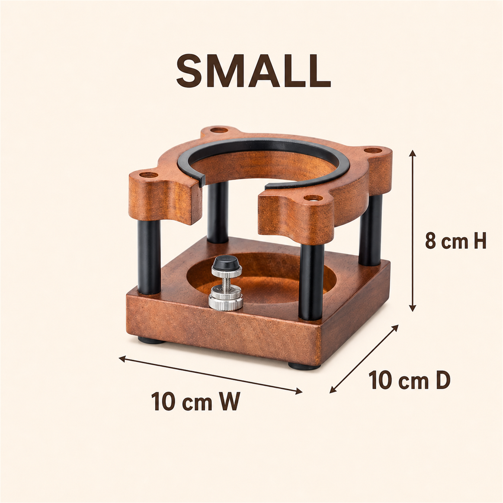 Small sapele portafilter organizer dimensions 10 by 10 by 8 centimeters